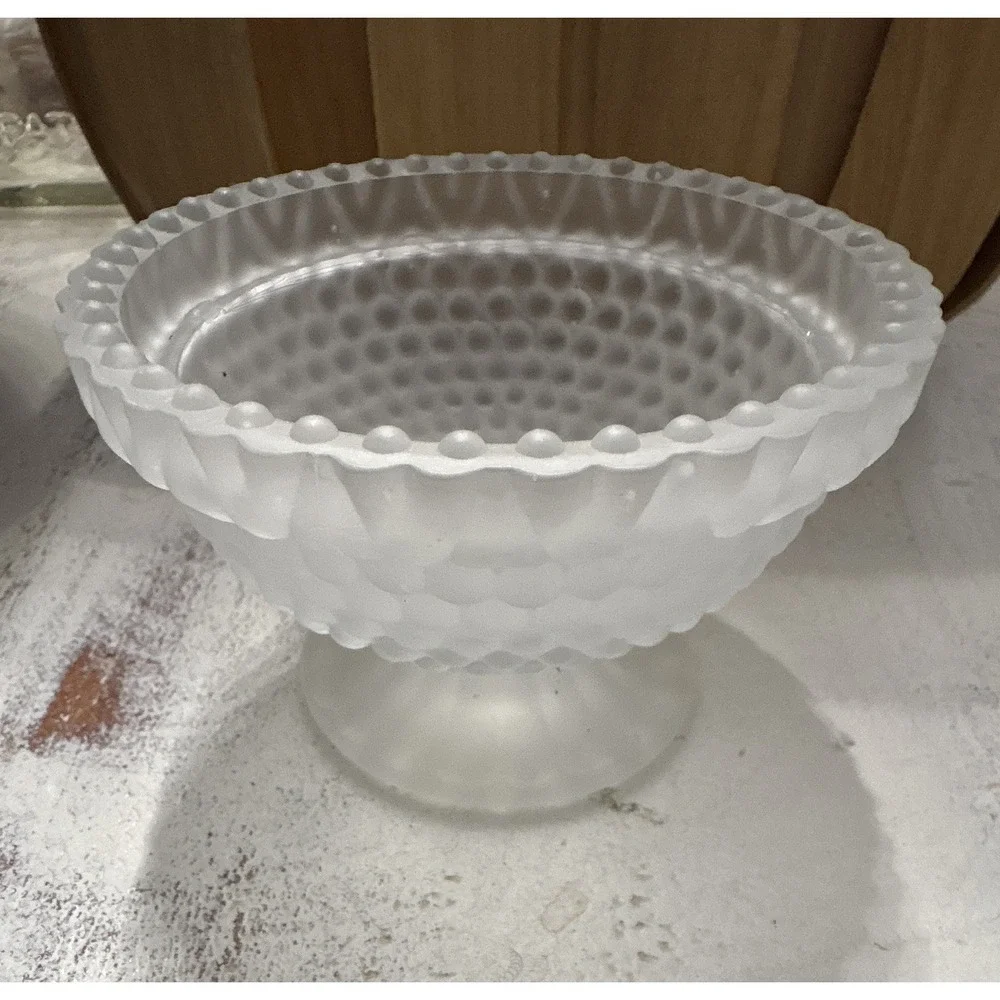 Frosted White Hobnail Pedestal Bowl Compote Round Scalloped Rim Fairy Lamp Base